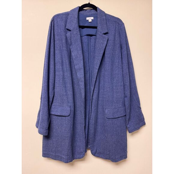 J. JILL Denim Blue Slat Open Front Oversized Roll Tab Sleeve Blazer, Sz L - Picture 1 of 9